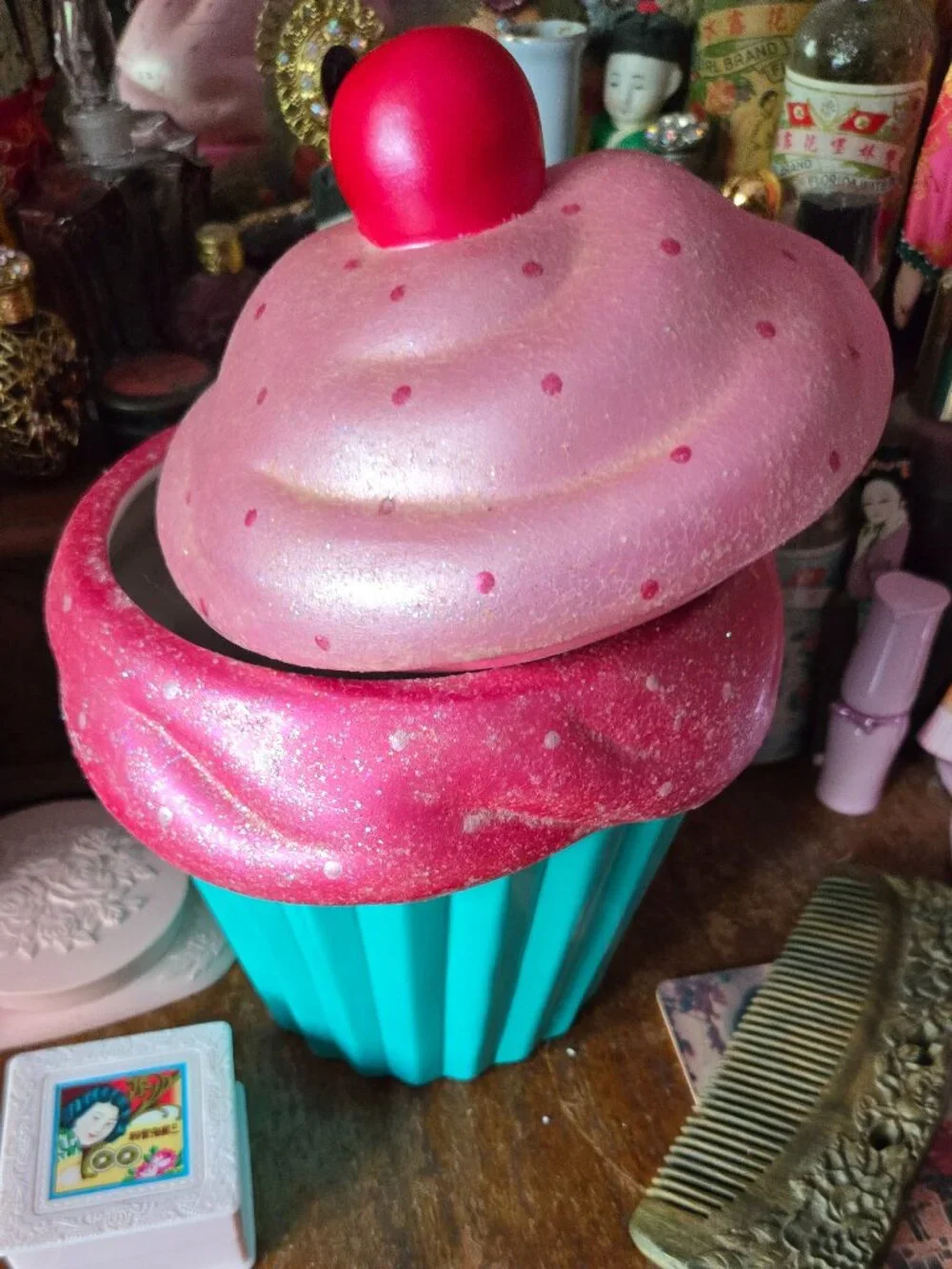 Handmade Cupcake Canister Pink & Blue Whimsy Decora Kidcore Colorful Gift